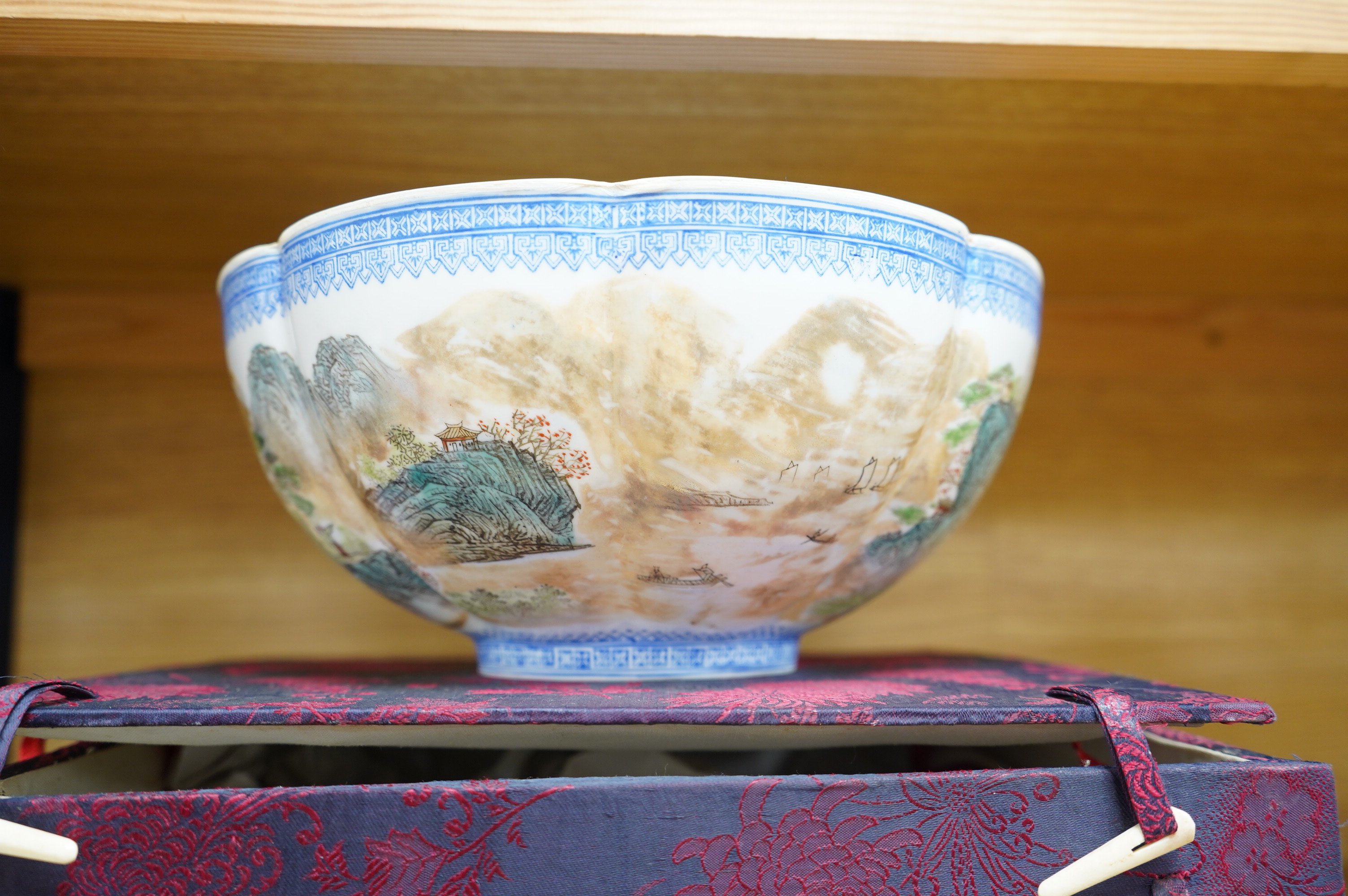 An early to mid 20th century Chinese eggshell porcelain bowl, 27cm diameter, boxed. Condition - good